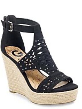 GUESS MAKAYLA WEDGE SANDAL (10) 
Black Wedge Espadrille Sandals with Ankle Strap